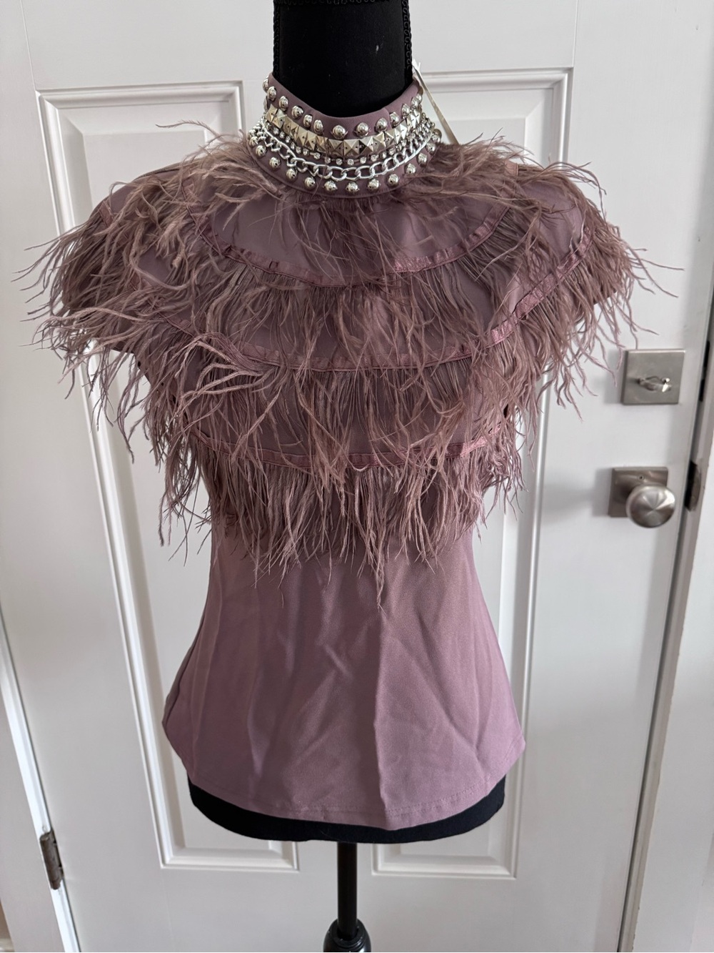 Gracia Mauve Feather-Trim Mock Neck Top